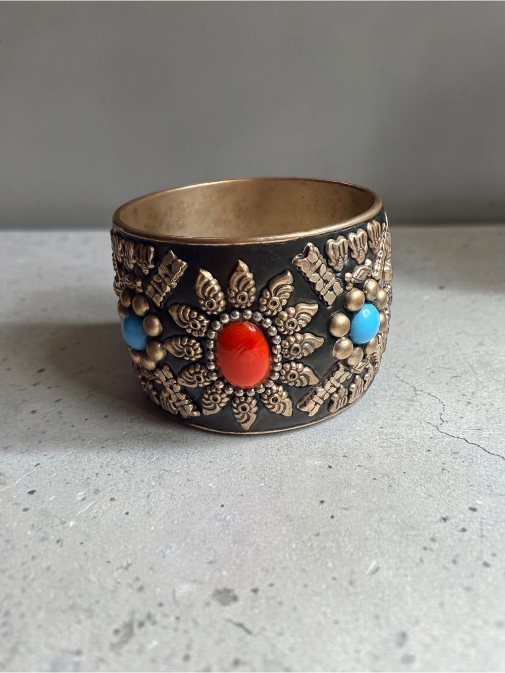 Ornate Antique-Style Cuff Bracelet with Red and Turquoise Stones